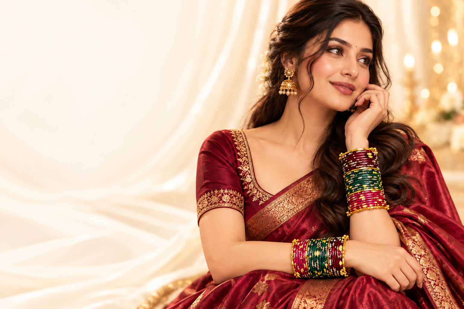 লাল, সবুজ ও গোলাপি কাশ্মীরি চুড়ি পরা মডেল